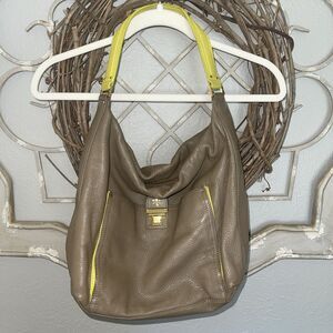 Tory Burch Designer Rachel Bucket Hobo Purse Handbag Neon Yellow And Gray Beige